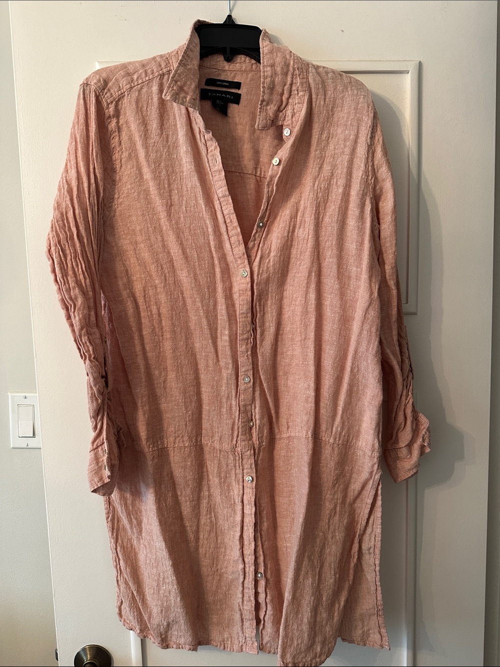 TAHARI Dusty Pink Washed Linen Button-Down Long Shirt